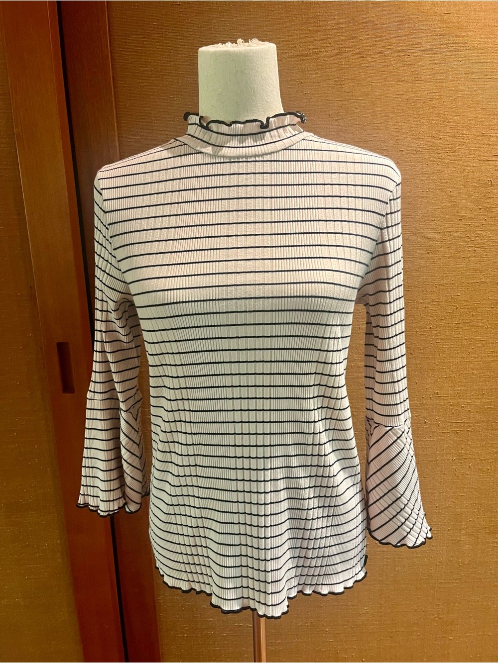 Michael Stars Pink and Black Striped Ruffle Mock Neck Top